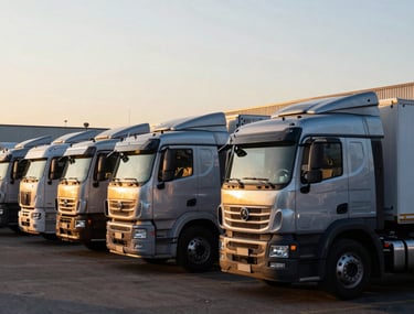 Commercial truck fleet parked neatly in an industrial terminal at sunrise, soft golden and steel blue light, Argentine setting.