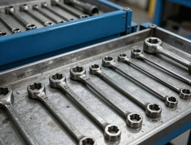 Clean, organized mechanic workshop with heavy-duty tools neatly arranged, professional Argentine transportation company setting, steel blue and gray color palette.