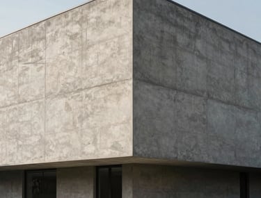 Exterior shot of a minimalist concrete building with sharp shadows. Architectural abstract photography style.