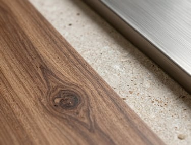 Extreme close-up of premium building materials: natural walnut wood grain, textured stone, and brushed metal. Bright, natural daylight, soft shadows, clean aesthetic.