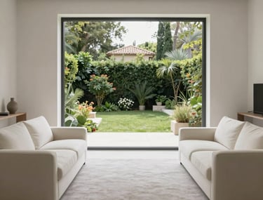 Minimalist interior of a living room with a large window overlooking an Anatolian garden. Off-white furniture and light gray rug. Clean aesthetic.