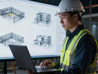 Construction supervisor on a North American site reviewing 3D structural models on a rugged laptop. High-contrast image with midnight slate and steel blue lighting.