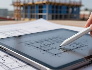 A close-up photograph of architectural blueprints and a digital stylus on a high-definition tablet. In the blurred background, a North American construction site with mist blue scaffolding is visible under a clear sky. The image emphasizes technical precision and modern consultancy tools.