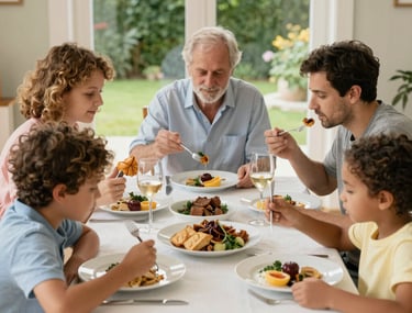 A friendly chef teaching a small group how to cook simple meals.