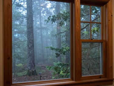 A portrait of an elegant North American interior with a large window looking out onto a misty forest. The lighting is diffused and cool, highlighting high-quality wood and textile textures.