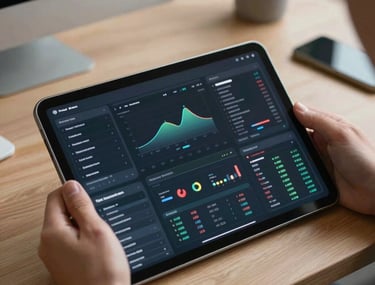 A dynamic shot of a digital interface on a tablet, held by a professional in a modern North American workspace. The screen displays complex but beautifully organized data visualizations.