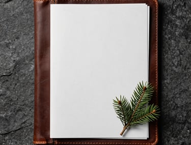 A top-down photograph of a leather-bound menu and a single sprig of evergreen on a rough stone surface, using a palette of deep charcoal and arctic white. Moody, high-end hospitality style.
