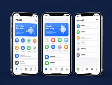 Clean and minimalist product render of three Android devices showing a consistent, sophisticated app interface. The background is a solid deep navy blue.