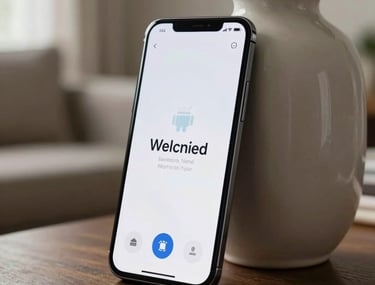 A sleek Android smartphone leaning against a designer vase in a sophisticated North American / US living room. The screen glows with a clean, approachable welcome screen.