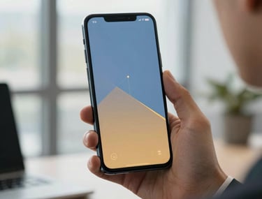 Close-up photography of a professional in a North American / US corporate setting holding an Android smartphone. The screen shows a clean dashboard with slate blue and amber gold accents. Soft sunlight filters through an office window, highlighting the elegant design of the device.