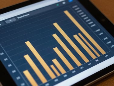 Close-up of a tablet screen in a North American / US corporate library. The screen displays a complex data visualization app with slate blue and amber gold bars, designed for clarity.