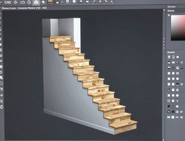 A close-up photograph of a professional CAD software interface showing a detailed 3D structure of a custom residential staircase in a US design studio.