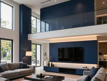 A high-end architectural photo of a contemporary living room in a North American home, featuring innovative custom lighting and sleek dark blue accents.