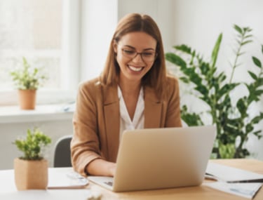 Professional woman smiling while working on a silver laptop at a wooden desk with green plants in the background.