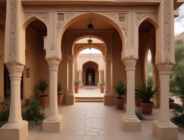 A serene villa with traditional Rajasthani architecture surrounded by desert landscape in Jodhpur.