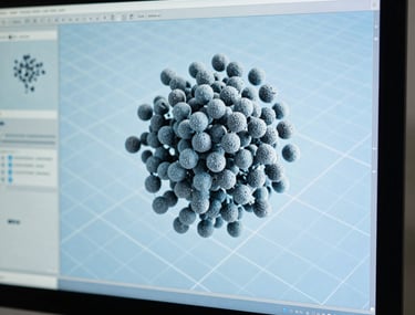 A detailed view of a computer monitor displaying a complex 3D grid and particle simulation in light blue and grey tones.