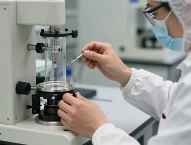 A photograph of a laboratory clean-room environment with a person in a white suit working with a delicate glass apparatus. Off-white and grey tones.