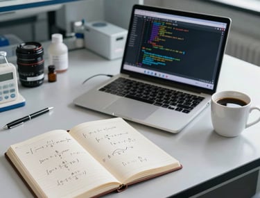 A wide desk in a brightly lit lab containing a notebook with mathematical equations, a laptop showing complex code, and a cup of coffee. North American setting.
