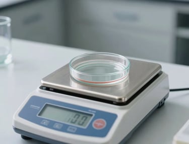 A minimalist photograph of a high-precision digital scale and a single petri dish in a sterile laboratory environment. The colors are white, silver, and slate blue.