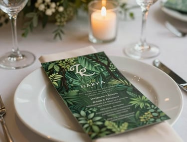 Atmospheric shot of an elegant wedding table setting in Brazil, featuring forest green menus and cream napkins, with soft candlelight.