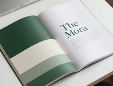 Top-down view of an open brand manual showing color swatches in forest green, sage, and cream, alongside elegant serif typography on a white desk.