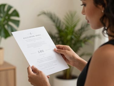 Elegant South American / Brazilian woman reviewing printed invitation drafts in a bright, sophisticated studio with green plants and cream walls.