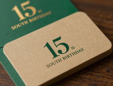 Close-up of a premium business card and brand manual for a 15th birthday party, showing warm tan and forest green color palette, sophisticated typography, soft focus background, South American / Brazilian luxury style.