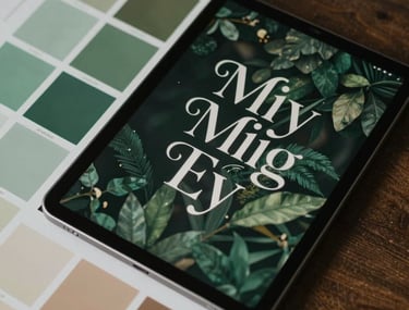 Display of elegant typography on a digital tablet next to physical color palettes in forest green and tan tones, reflecting a blend of digital and physical design.