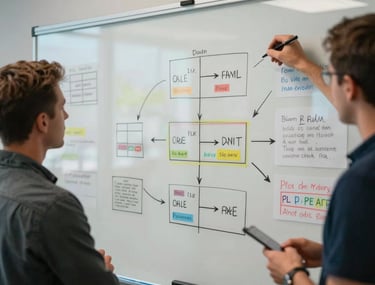 A professional photo of a North American US team brainstorming game levels on a large glass whiteboard with colorful sketches.