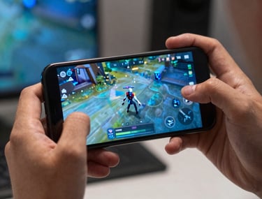 A North American US gamer playing a mobile game on a smartphone, hand-held shot showing the glowing screen reflecting light blue colors on their face, indoor setting.