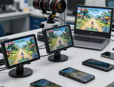 A professional setup of mobile testing devices in a US lab, displaying various high-resolution 3D game screens.