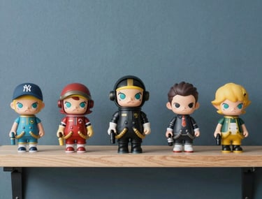 A clean, minimalist shot of a game art studio in the US, featuring a shelf with designer vinyl toys and a slate blue wall backdrop.