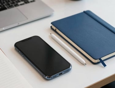 High-angle photography of a clean workspace in a US tech office, featuring a smartphone, a stylus, and a notebook with slate blue accents.