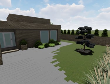 Modernus kiemo projektas su takais ir gėlynais