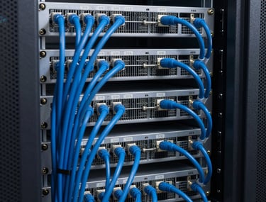 A tidy and organized data rack with neatly labeled blue cables. Modern server room aesthetics, professional lighting, technical precision.