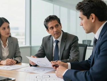Business meeting photography. Three South American professionals in a boardroom discussing technical diagrams. Professional attire, clean corporate office, daylight.