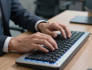 Close-up photography of professional hands typing on a high-end mechanical keyboard in a well-lit office. Brazilian office setting, professional attire, modern desk setup with blue-tinted lighting accents.