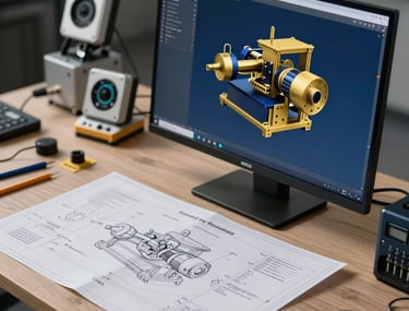 An engineer's desk in Germany with blueprints and a 3D model of a custom machine on a screen. High-tech sensors and tools in the background. Palette of deep blue and gold.