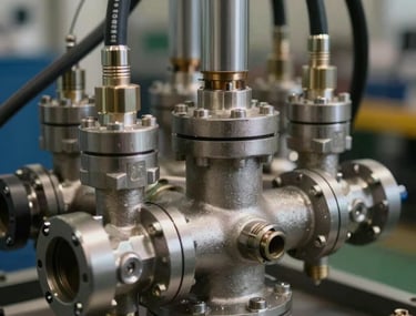 Detail shot of a hydraulic manifold with high-pressure hoses and steel valves. Professional lighting emphasizing texture and precision. Technical engineering style.