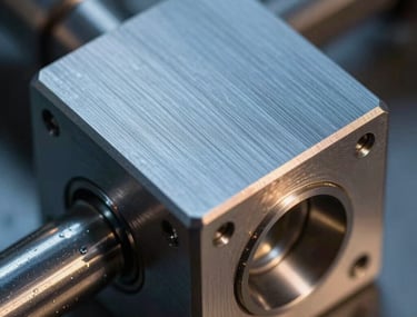 Macro shot of a high-precision CNC machined part with brushed metal surface. Reflection of studio lights on the edges. Steel blue and gold tones.