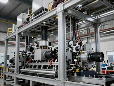 Large scale assembly of a custom industrial machine in a clean, modern workshop. Perspective view highlighting complex structural beams and cabling.