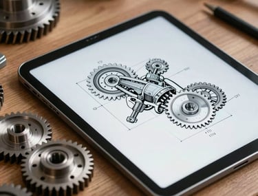 A mechanical assembly drawing displayed on a tablet next to real precision-machined gears on a wooden table. Professional engineering atmosphere.