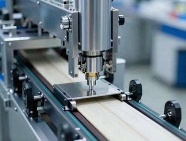 Close-up of a high-tech automated packaging line. Polished stainless steel parts, conveyor belts, and precise mechanical grippers. Industrial setting in Central Europe, brightly lit with steel blue and silver highlights.