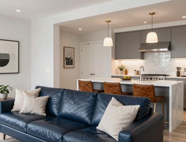 A bright, functional kitchen with open shelving and comfortable seating designed for everyday living.