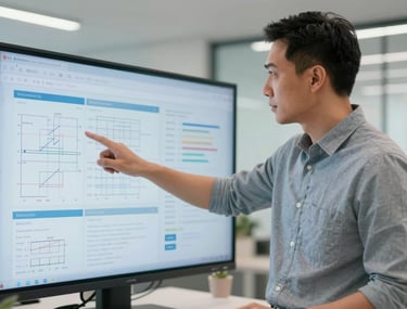 Photography of a professional Southeast Asian man in his 30s pointing to a large touch-screen display showing project charts in a bright office.