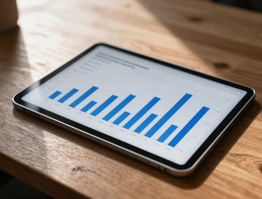 Photography of a tablet displaying a minimalist dashboard with blue bar charts on a polished wooden desk, natural morning light.