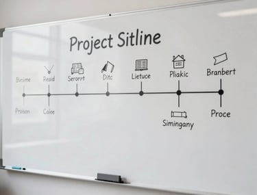 Clean photo of a hand-crafted project timeline on a whiteboard in a modern studio, representing the planning process.