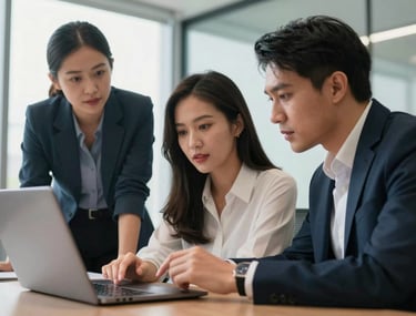 Photography of three Southeast Asian colleagues in a bright office discussing project milestones around a laptop, focused and professional expressions.