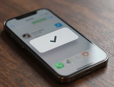Sleek photography of a modern smartphone showing a mobile project notification with a clean checkmark icon, representing task completion.