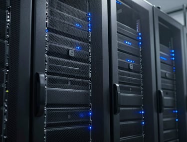 Clean, professional photography of a high-tech server room with soft blue indicator lights, representing the data infrastructure of a monitoring system.